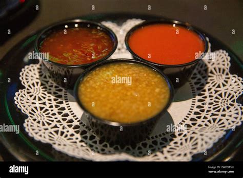 Multiple Chicken Wing Sauces For Dipping Stock Photo Alamy