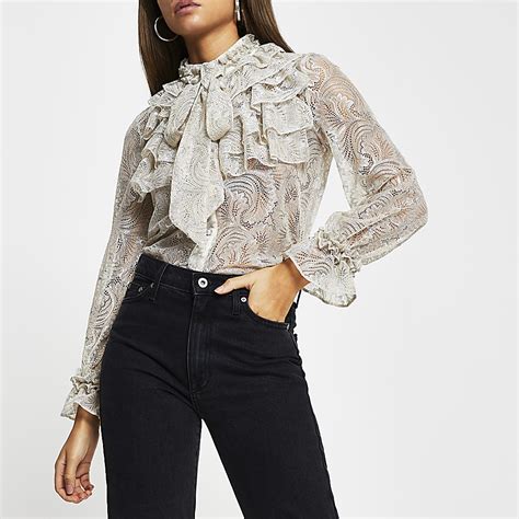 Cream Lace Frill Neck Long Sleeve Blouse Top River Island