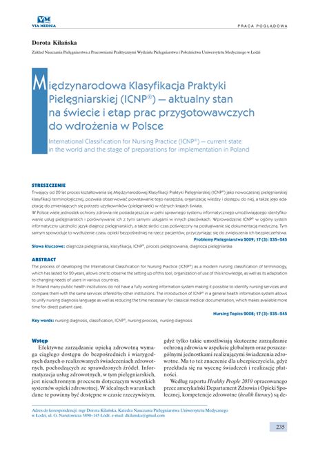 Pdf Mi Dzynarodowa Klasyfikacja Praktyki Piel Gniarskiej Icnp