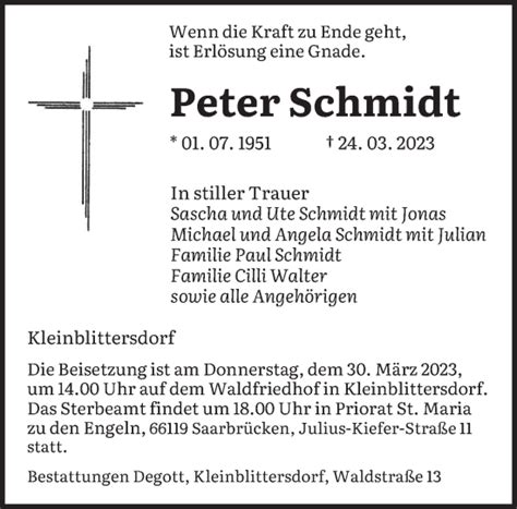 Traueranzeigen Von Peter Schmidt Saarbruecker Zeitung Trauer De