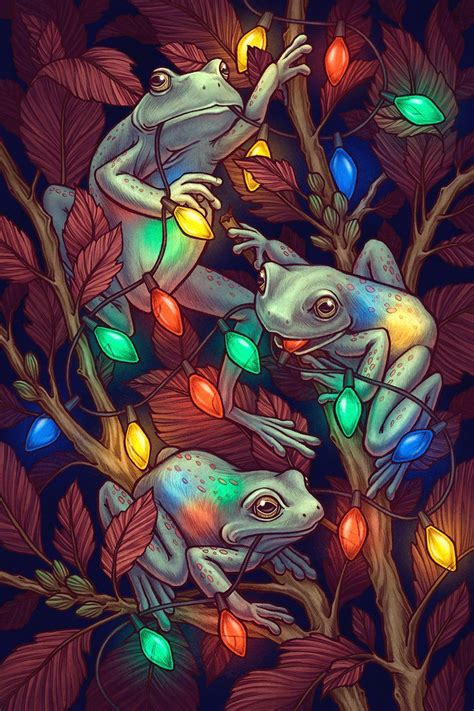 Frogs And Christmas Lights Frog Illustration Frog Art Cute Frogs