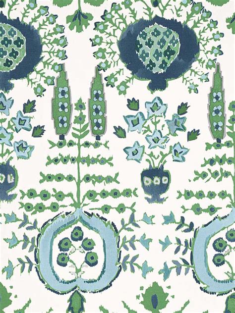 Mendoza Suzani Blue And Green On White Fabric F By Thibaut Fabrics