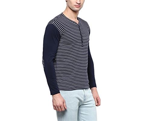 Buy Hypernation Blue And White Stripe Henley Neck Cotton T Shirt Men