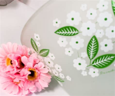 Vintage Large Frosted Glass Bowl Pasinski Green Leaves And White Flowers Punch Salad Serving Mid