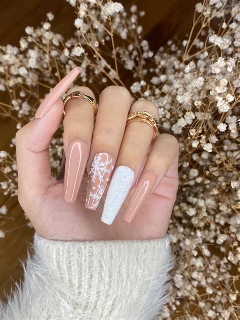 Nude And White Glitter Snowflakes Nails Design Coffin Press Etsy