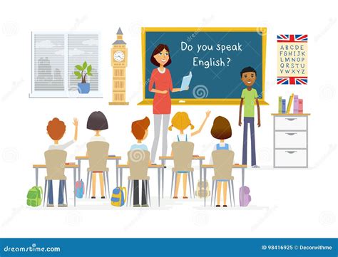 English Lesson Flat Vector Illustration Tutor Explaining Pointing At Blackboard English