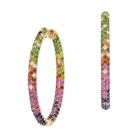 Nwt 16 500 18kt Gold Fancy Glittering Rainbow Sapphire Diamond Hoop Earrings For Sale At 1stdibs