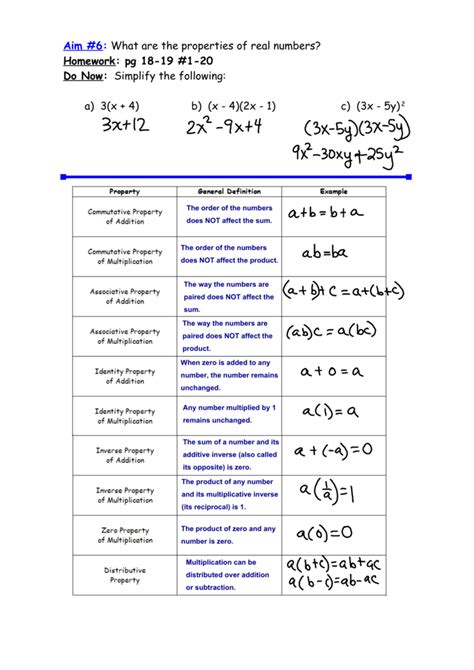 Properties Of Real Numbers Practice A Worksheet Answers