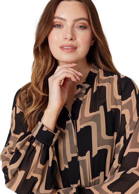 Izabel London Beige Geo Print Long Sleeve Shirt Dress Matalan