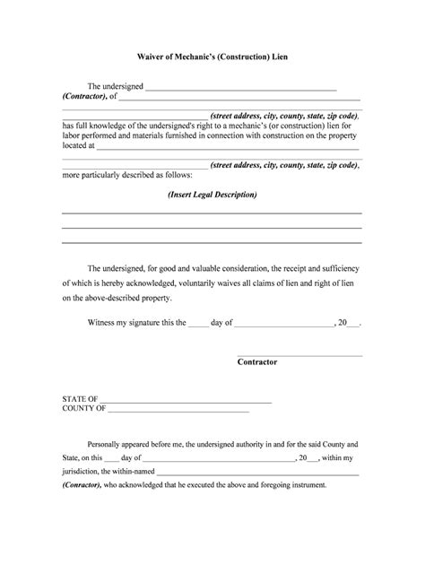 Construction Lien Waiver Form Fill Online Printable Fillable Blank