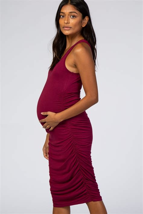 Burgundy Solid Ruched Fitted Maternity Bodycon Midi Dress Pinkblush