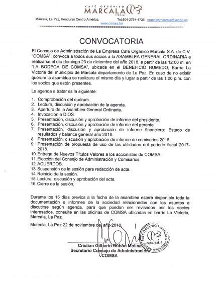 Convocatorias Para Asamblea General Extraordinaria Y Ordinaria COMSA