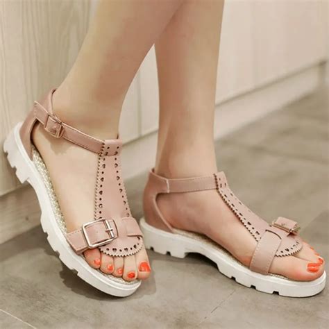 Teen Girls Thick Heel Flat Plaform Sandals T strap Buckle Sandal Single Belt Sandals Shoes ...