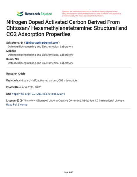 Pdf Nitrogen Doped Activated Carbon Derived From Chitosan