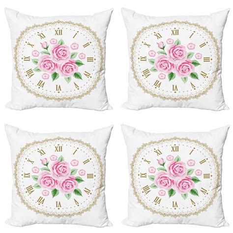 Ambesonne Shabby Flora Throw Pillow Cover 4 Pack Vintage Clock Roses