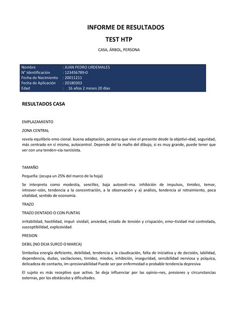 Informe Ejemplo Htp Test Arbol Casa Y Persona Informe De Resultados Test Htp Casa Árbol