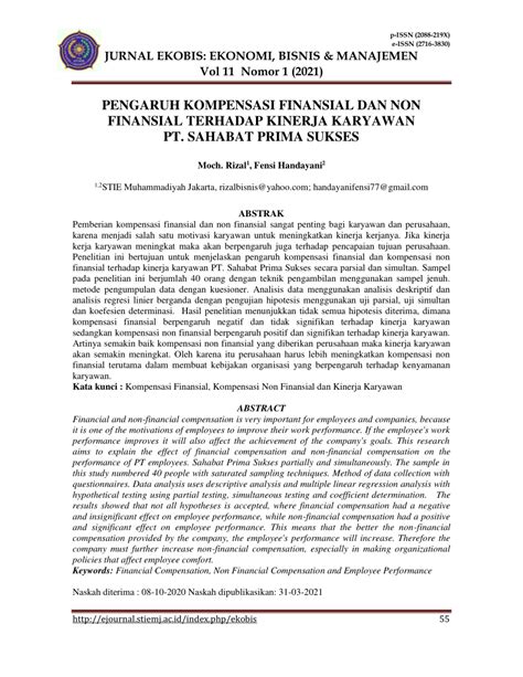 Pdf Pengaruh Kompensasi Finansial Dan Non Finansial Terhadap Kinerja