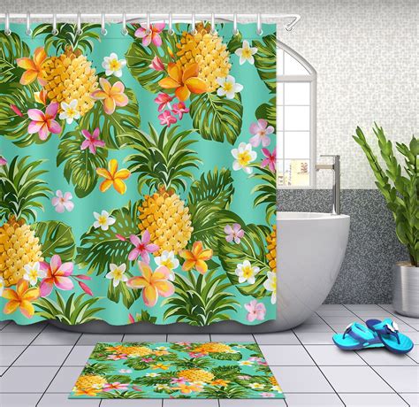 Exotic Paradise Monstera Leaf And Pineapple Shower Curtain Set For A