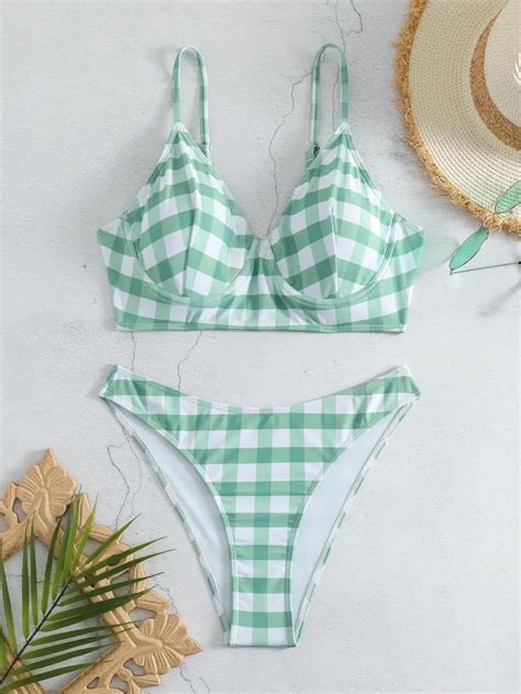 Womens Gingham Print Bikini Set Adjustable Straps Swimwear On Luulla