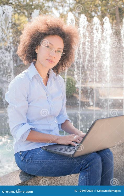 Beautiful Young Afro American Student Woman Working With Laptop Stock