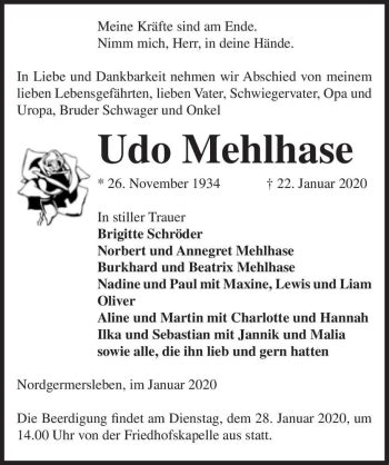 Traueranzeigen Von Udo Mehlhase Abschied Nehmen De