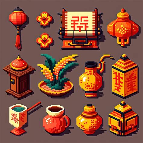 Premium Ai Image Pixel Art Chinese New Year Icon Set Collection Of