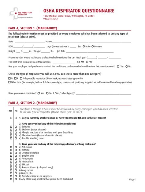 Fillable Online Osha Respirator Questionnaire Wilmington Health Fax