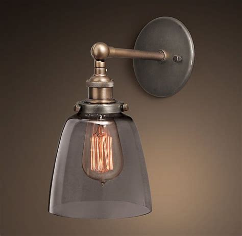 Rh S 20th C Factory Filament Smoke Glass Cloche Sconce Evoking Early 20th Century Industrial