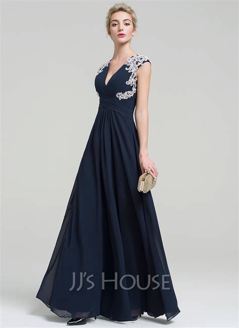 A Line Princess V Neck Floor Length Chiffon Evening Dress With