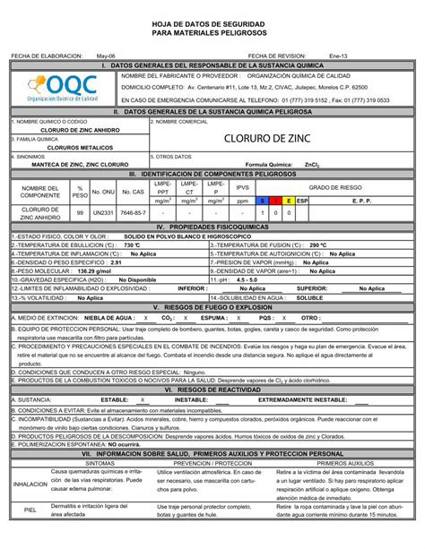 PDF HOJA DE DATOS DE SEGURIDAD PARA MATERIALES PELIGROSOS Zinc Hoja