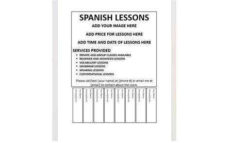 Editable Spanish Lessons Tear Off Flyer Tear Off Flyer Template Spanish Lessons Advertisement