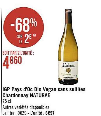 Offre Igp Pays D oc Bio Vegan Sans Sulfites Chardonnay Naturaé chez Spar