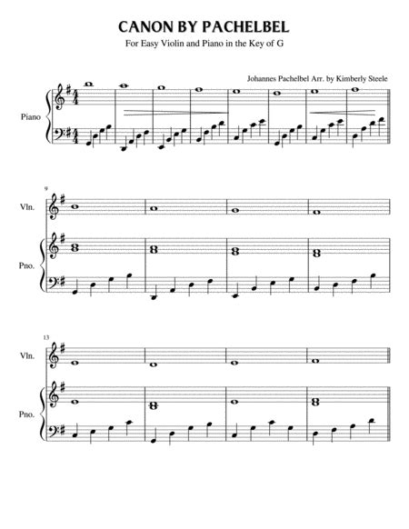 Canon By Pachelbel In The Key Of G For Easy Violin And Piano Arr