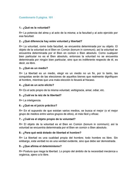 Cuestionario La Voluntad Cuestionario 5 página 101 1 Qué es la