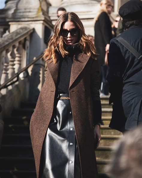 Olivia Palermo Street Style Pfw 2019 Dark Brown Woolen Coat Belted Black Leather Skirt