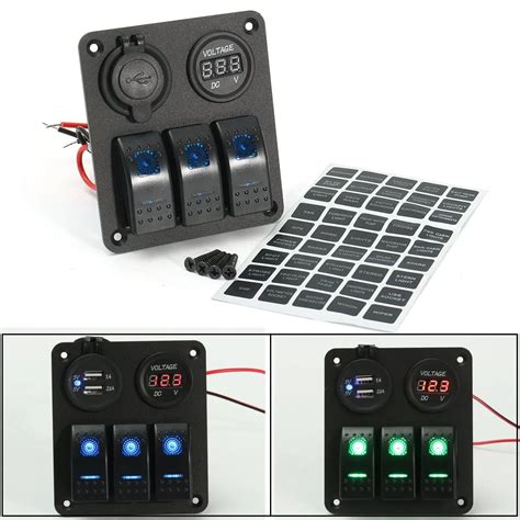 LED Rocker Switch Panel Dual USB Charger Power Socket Voltmeter Marine