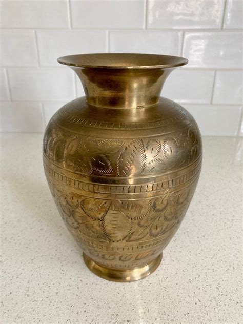 Vintage Solid Brass Vase Made In India Hand Tooled Leaf Etsy