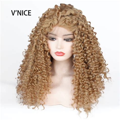 Vnice Golden Honey Blonde Kinky Curly Glueless Synthetic Lace Front Wig Long Hair Curly Natural