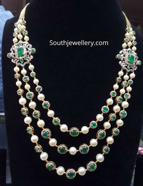 Layered diamond emerald long necklace - Indian Jewellery Designs