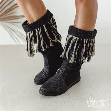 Black Boho Shoes Women Vegan Boots Festival Hippie Shoes Etsy Uk