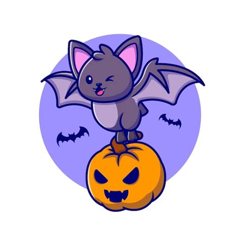 Free Vector Cute Bat With Pumpkin Halloween Cartoon Icon Illustration