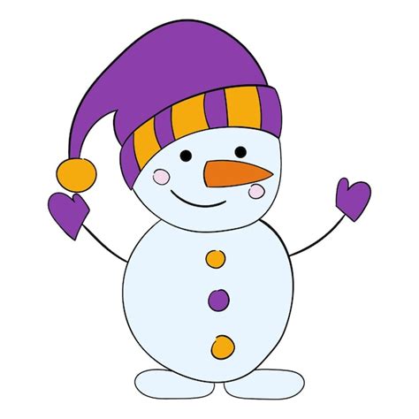 Boneco de neve bonito dos desenhos animados em um chapéu roxo um