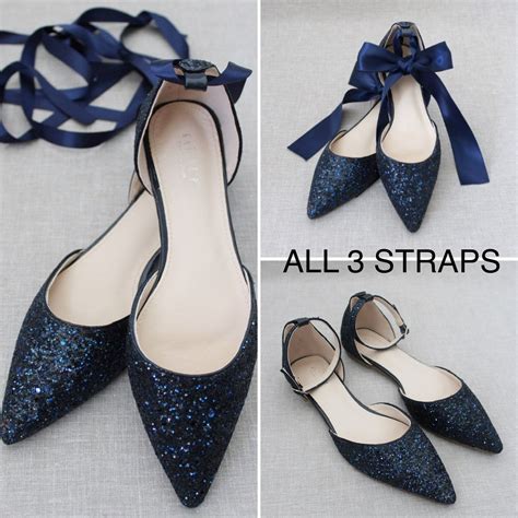 Navy Blue Rock Glitter Pointy Toe Flats With Satin Ankle Tie Etsy Uk