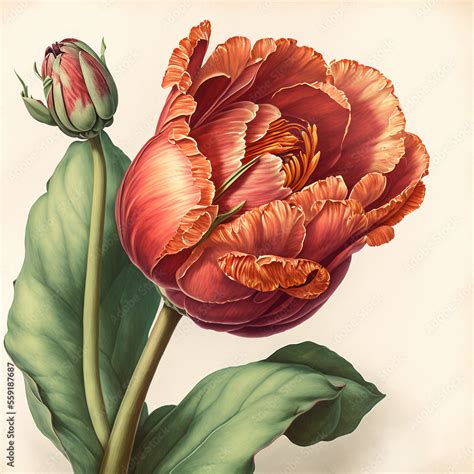 Dutch Tulip Flower As In Vintage Botanical Illustration Victorian Still Life On Creamy Paper