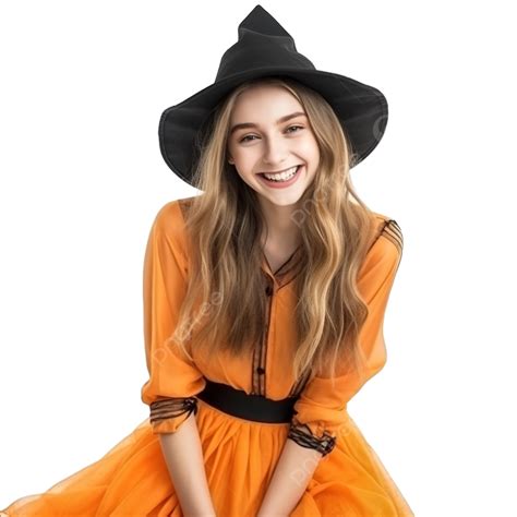 A Beautiful Girl In An Orange Shirt A Black Skirt And A Witch Hat