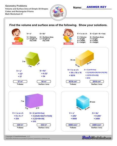 Volume And Surface Area Of D Shapes Worksheets