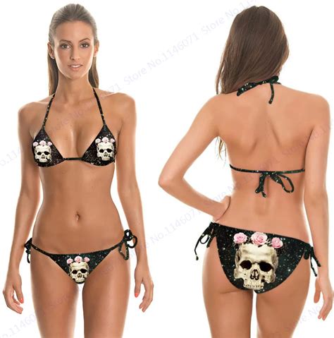 Flowers Skull Bikini Sets Pink Rose Skull Skeleton Swimsuit Bandage 2