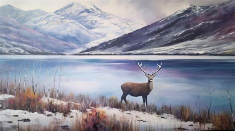 Majestic deer by the lake una impresionante pintura al óleo con