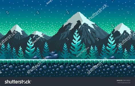 Pixel Art Seamless Background Location With Snowy Mountains At Night