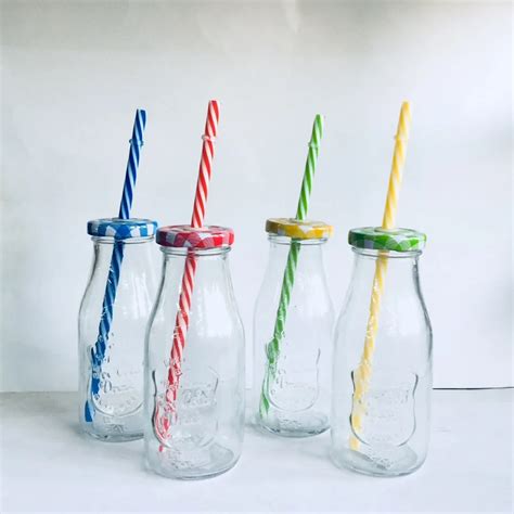 250ml Glass Milk Bottle And 300ml Mason Drinking Jars With Lids And Straws 4 Lids Colour Asst